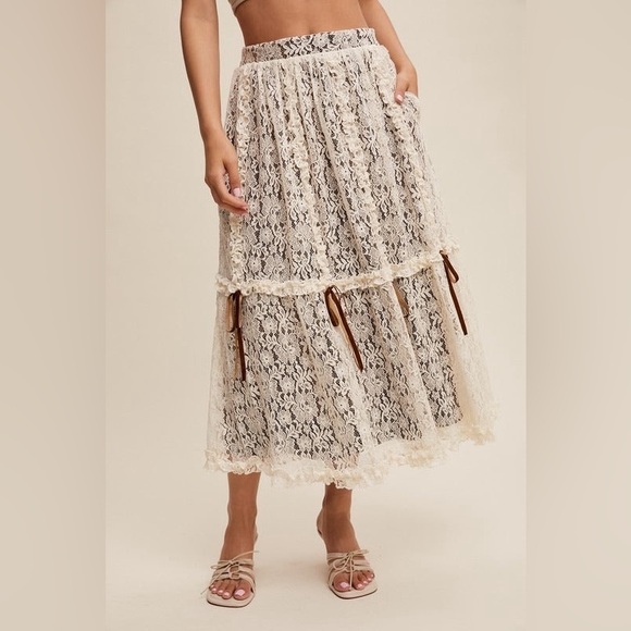 Lace & Velvet Layered Tiered Midi Skirt with Bows - Listicle - Picture 4 of 7